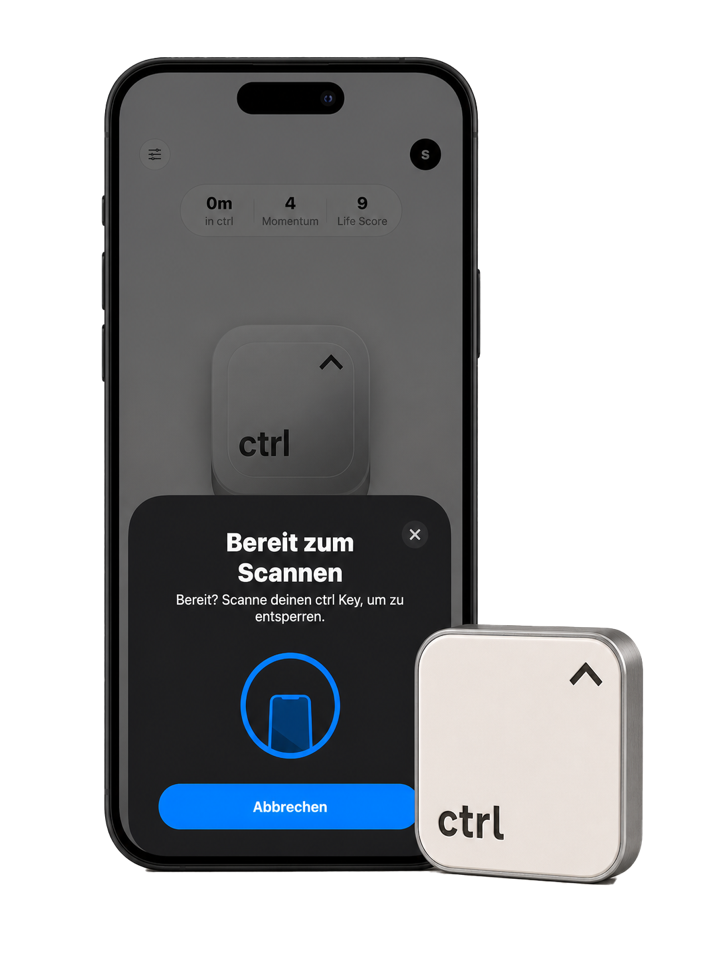 Die ctrl App zeigt Bereit zum Scannen, daneben lehnt der ctrl key aus Edelstahl